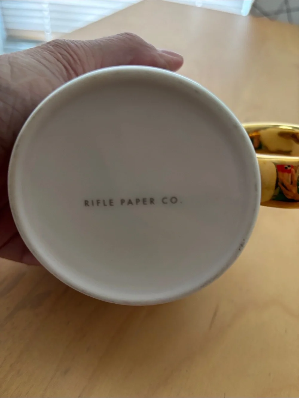 Rifle Paper Co. White Ceramic Mug with Gold Handle and Cute Dog Illustrations